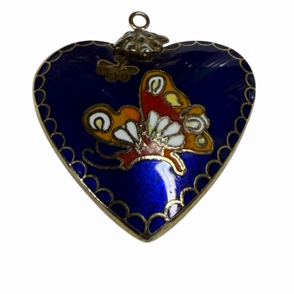 Vintage Blue Enamel Cloisonne Heart Butterfly & Flower Two-Sided Pendant 1.25"
